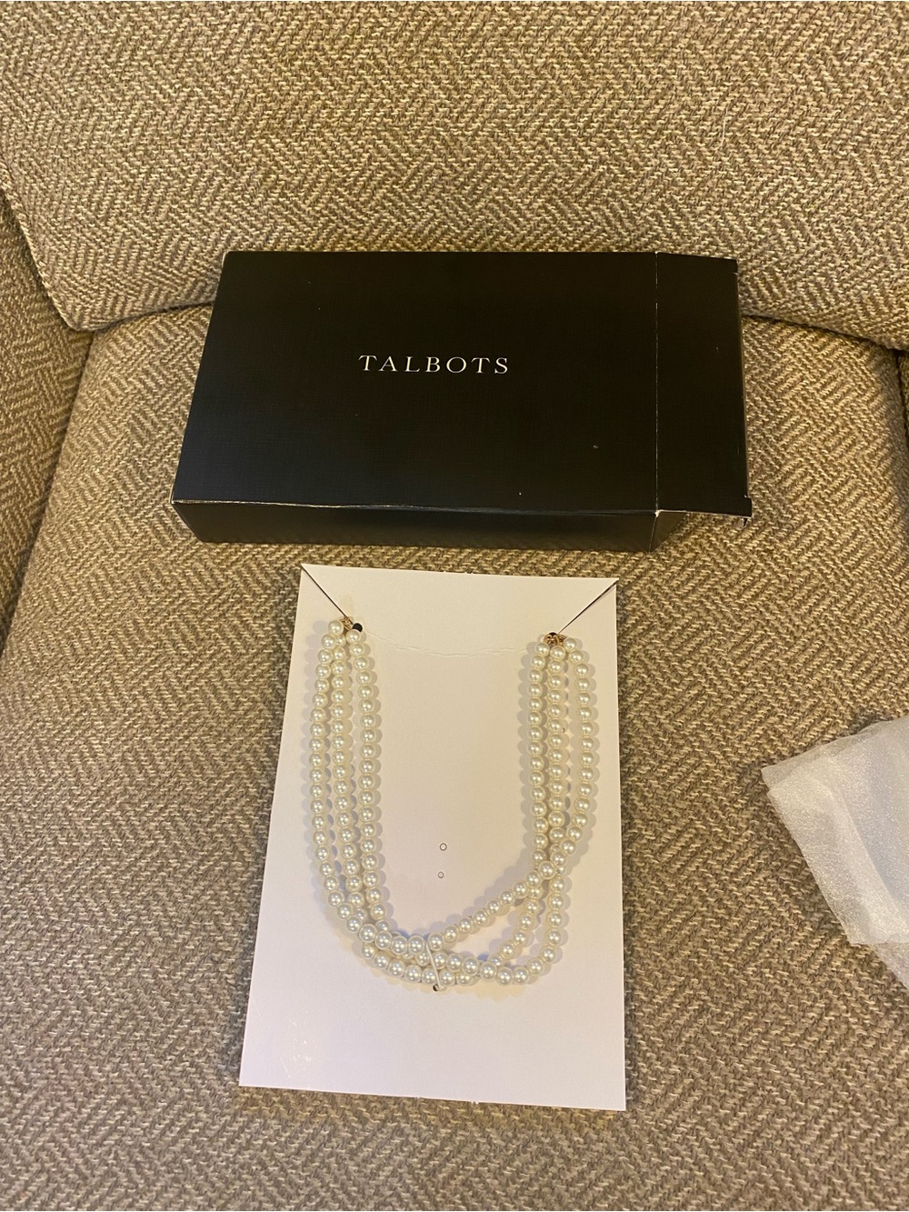 Talbots Faux Pearl Triple-Strand Necklace - Ivory blue Grosgrain ribbon gold